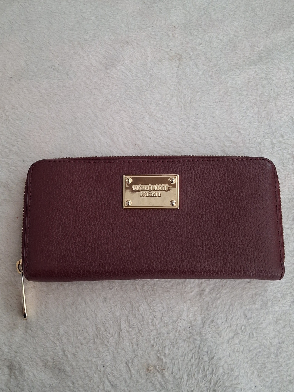 Michael Kors Burgundy Zip-Around Leather Wallet with Gold Plaque